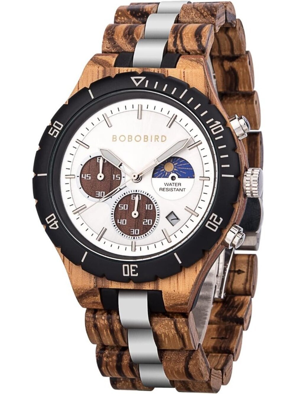 Men's Silver Stainless Steel Chronograph Sandalwood Alloy Quartz Wooden Watch